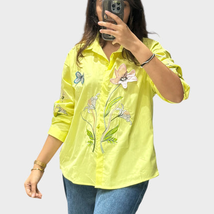 Floral and Butterfly Patch Cotton Shirt