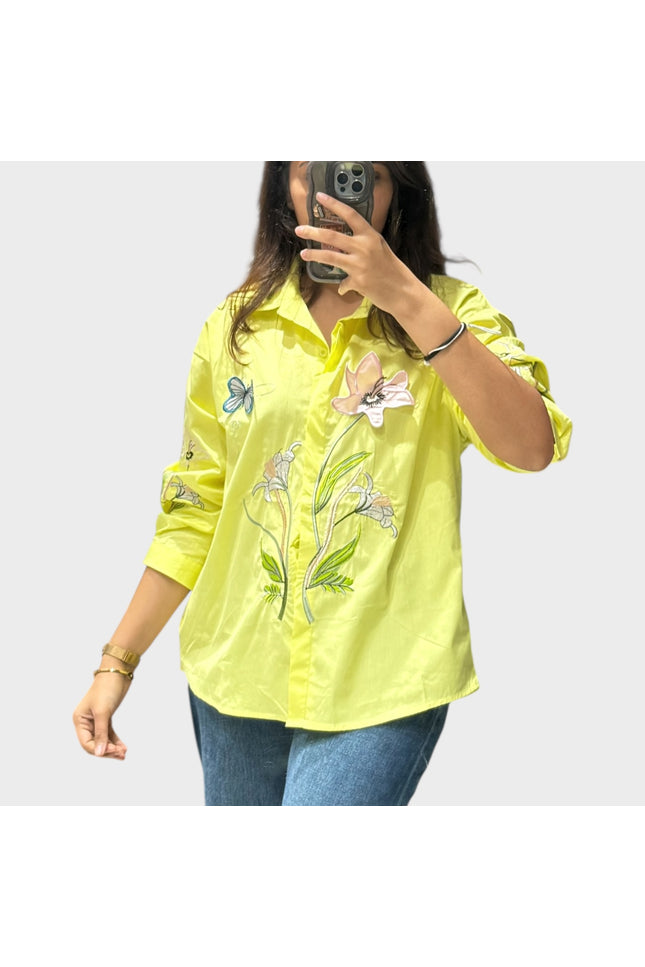 Floral and Butterfly Patch Cotton Shirt