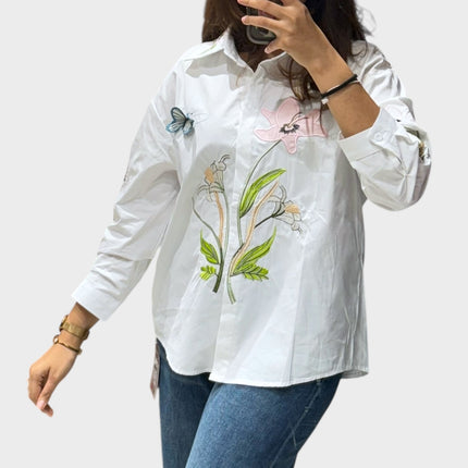Floral and Butterfly Patch Cotton Shirt