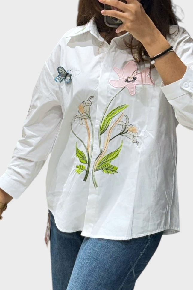 Floral and Butterfly Patch Cotton Shirt