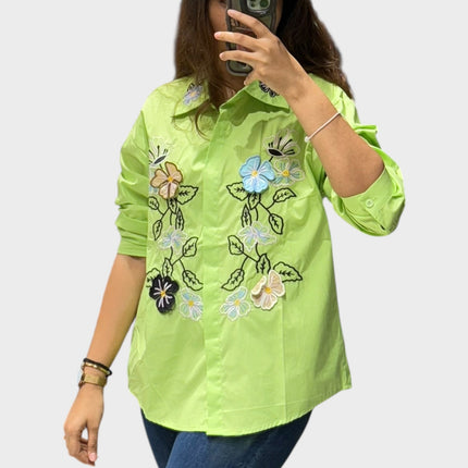 Collared Cotton Shirt with Floral Detail