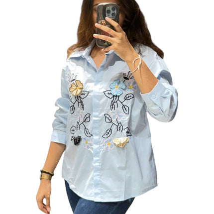 Collared Cotton Shirt with Floral Detail