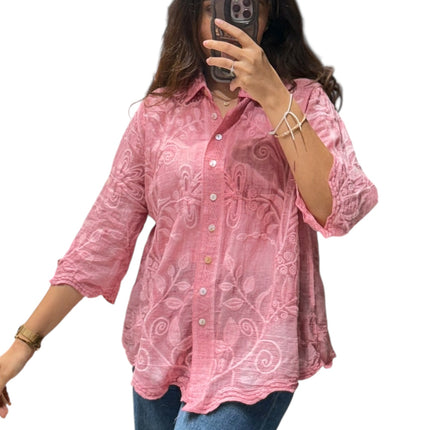 Chic Floral Embroidered Cotton Shirt