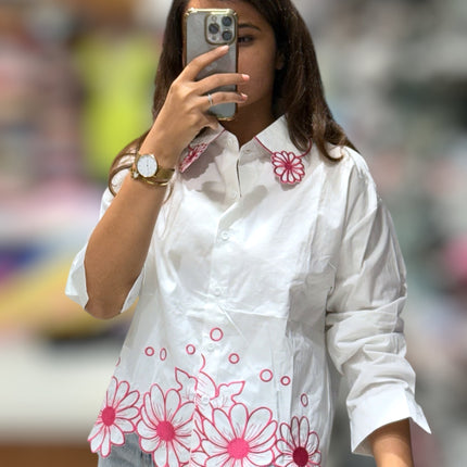 Cotton Shirt with Scalloped Floral Border