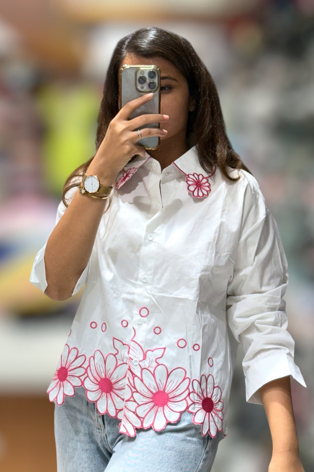 Cotton Shirt with Scalloped Floral Border