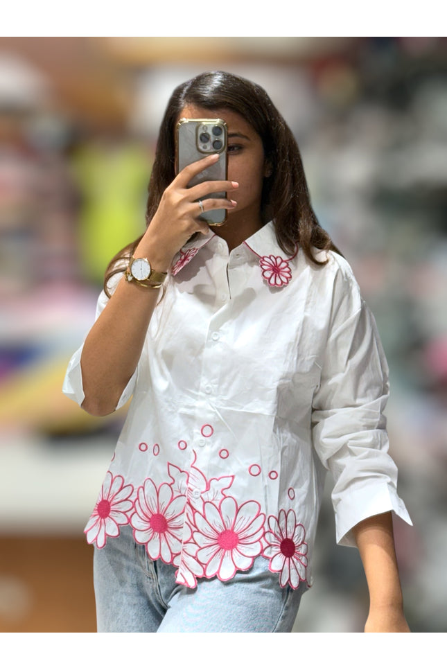 Cotton Shirt with Scalloped Floral Border
