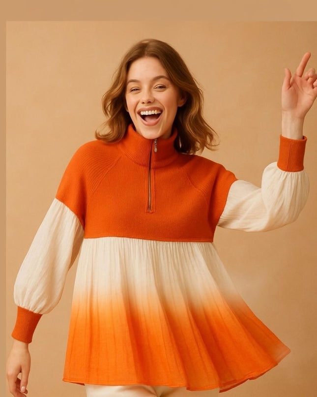 High-Neck Pleated Ombre Top