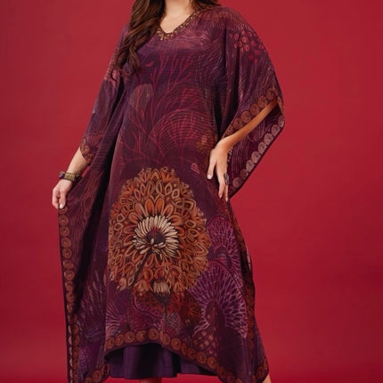Wine Floral Printed Kaftan
