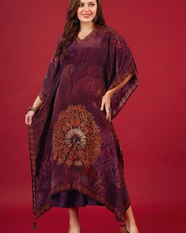 Wine Floral Printed Kaftan