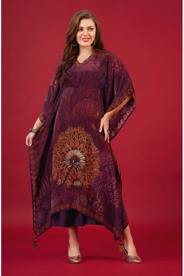Wine Floral Printed Kaftan