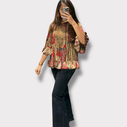 Red & Gold Flared Sleeve Printed Top