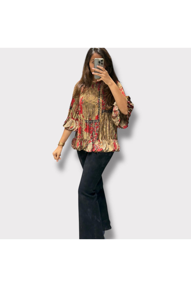 Red & Gold Flared Sleeve Printed Top