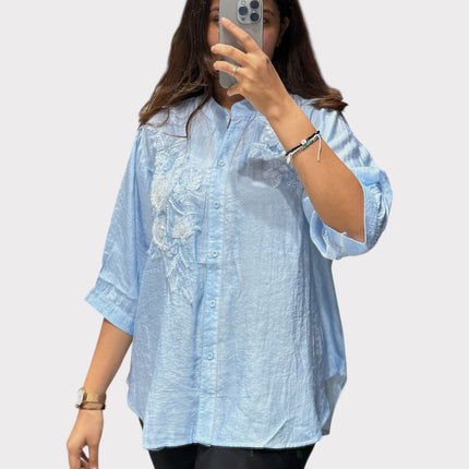 Floral Detail Chinese Collar Shirt