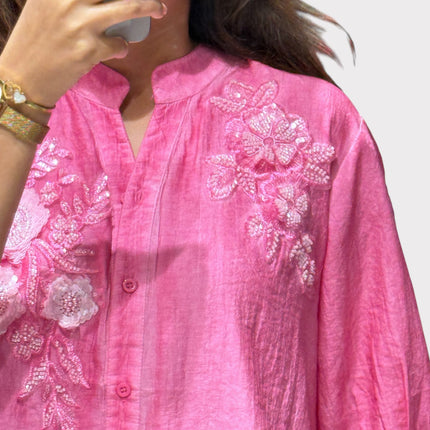 Floral Detail Chinese Collar Shirt