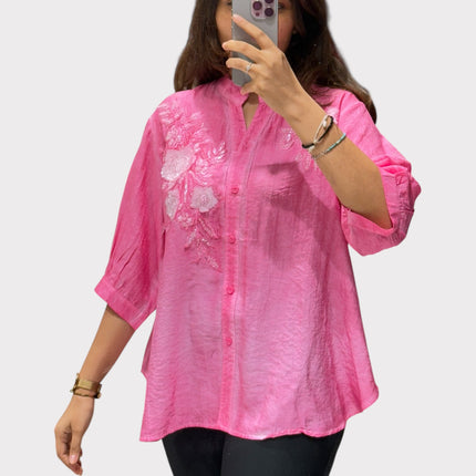 Floral Detail Chinese Collar Shirt