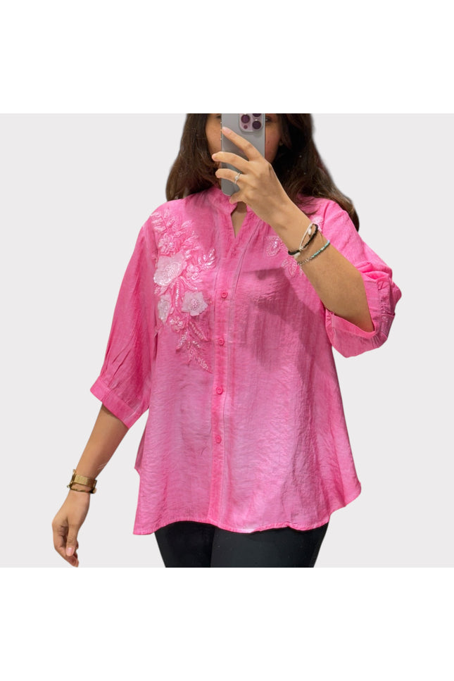Floral Detail Chinese Collar Shirt