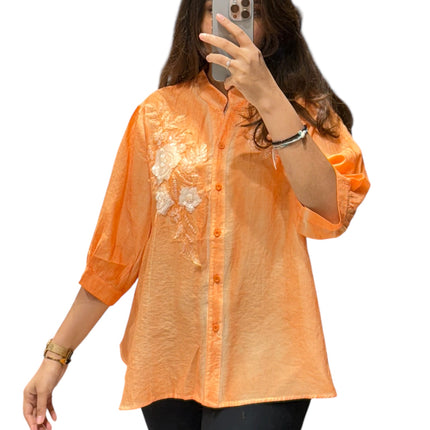 Floral Detail Chinese Collar Shirt
