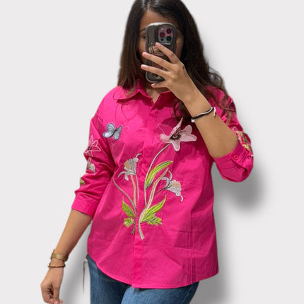 Floral and Butterfly Patch Cotton Shirt