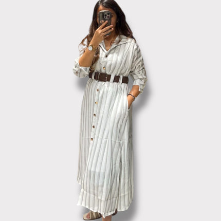 Striped Button-Down Maxi Shirt Dress with Belt