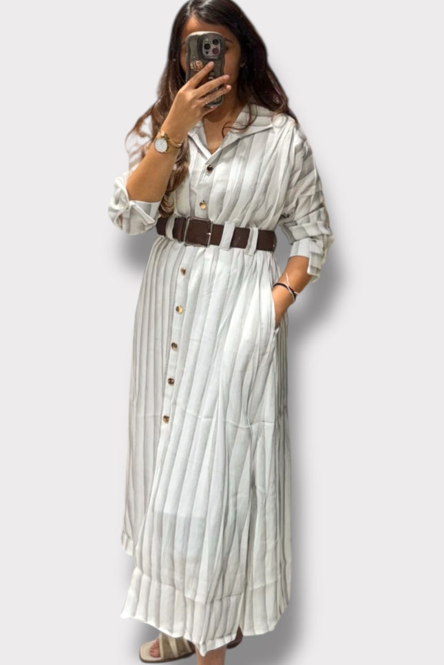 Striped Button-Down Maxi Shirt Dress with Belt
