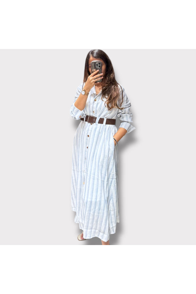 Striped Button-Down Maxi Shirt Dress with Belt