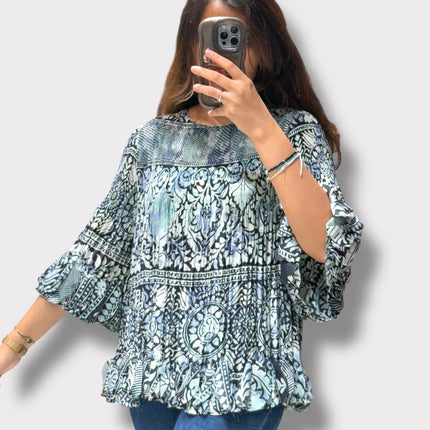 Boho Print Pleated Top with Ruffle Sleeves