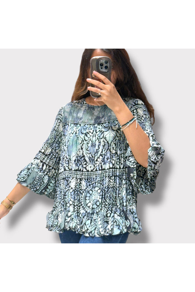 Boho Print Pleated Top with Ruffle Sleeves