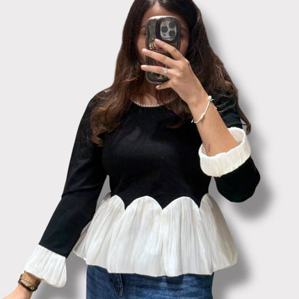 Black Top with White Pleated Hem and Cuff Detail