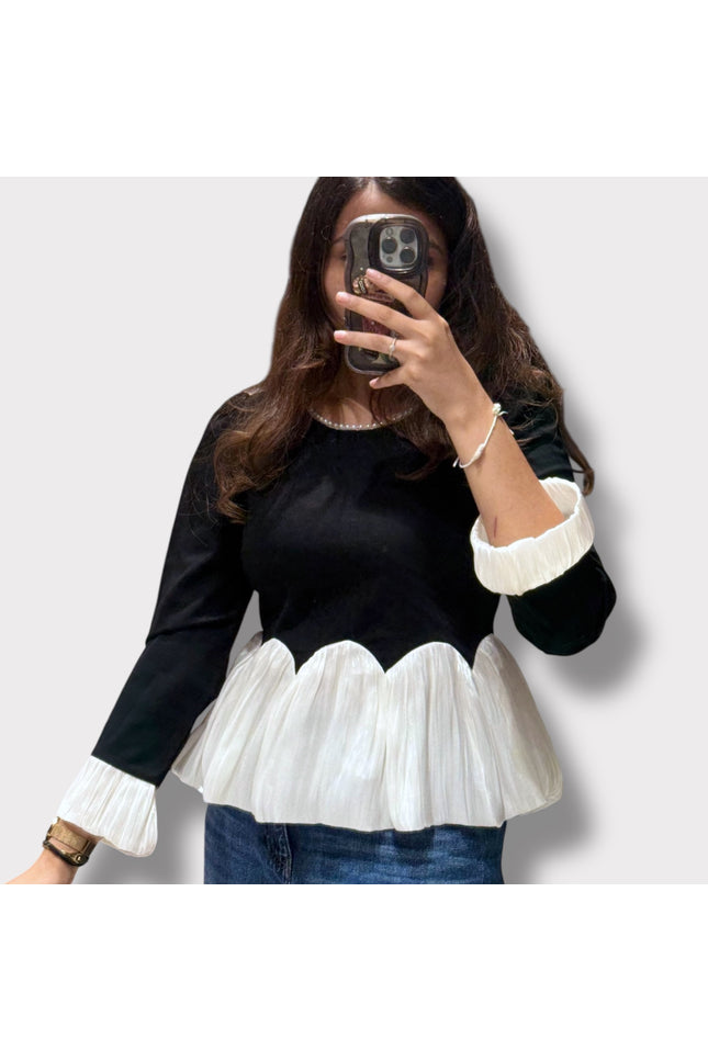 Black Top with White Pleated Hem and Cuff Detail