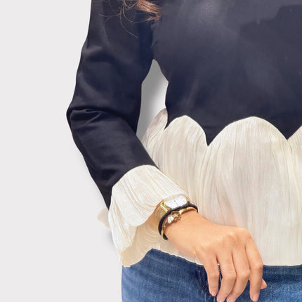 Black Top with White Pleated Hem and Cuff Detail