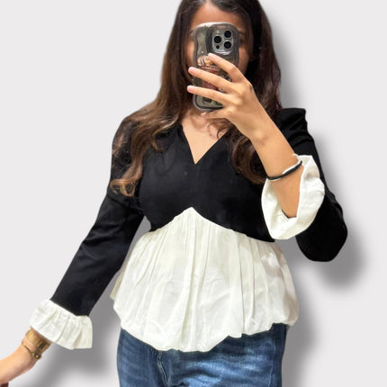 Stylish V-Neck Top with Pleated Hem and Cuff Detail