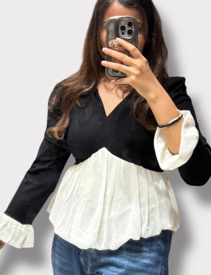Stylish V-Neck Top with Pleated Hem and Cuff Detail