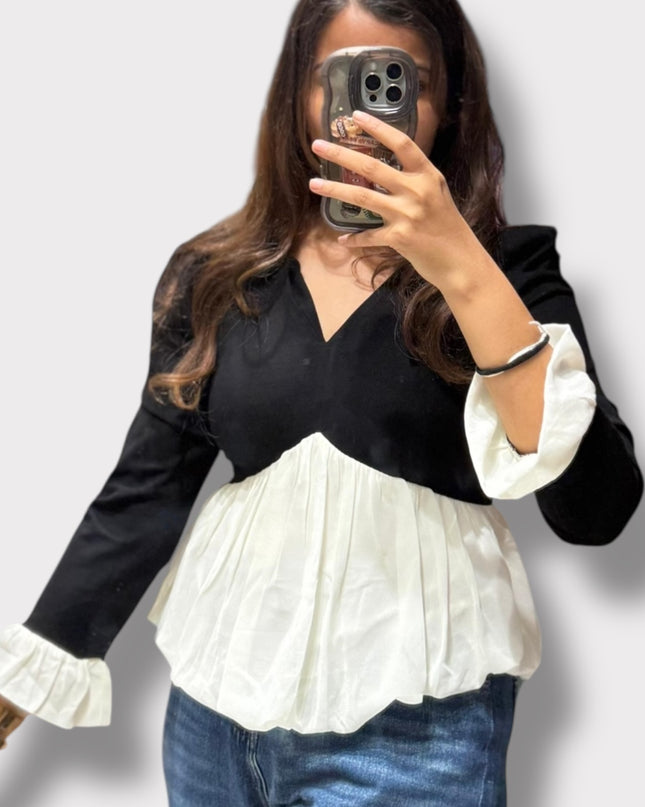 Stylish V-Neck Top with Pleated Hem and Cuff Detail