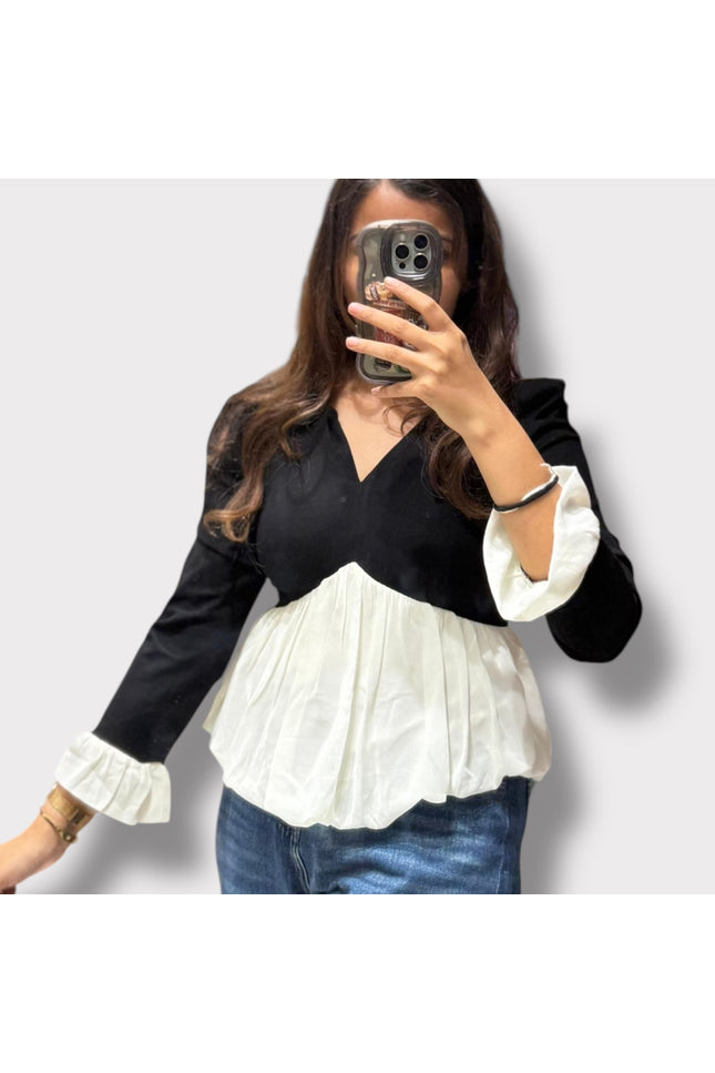 Stylish V-Neck Top with Pleated Hem and Cuff Detail
