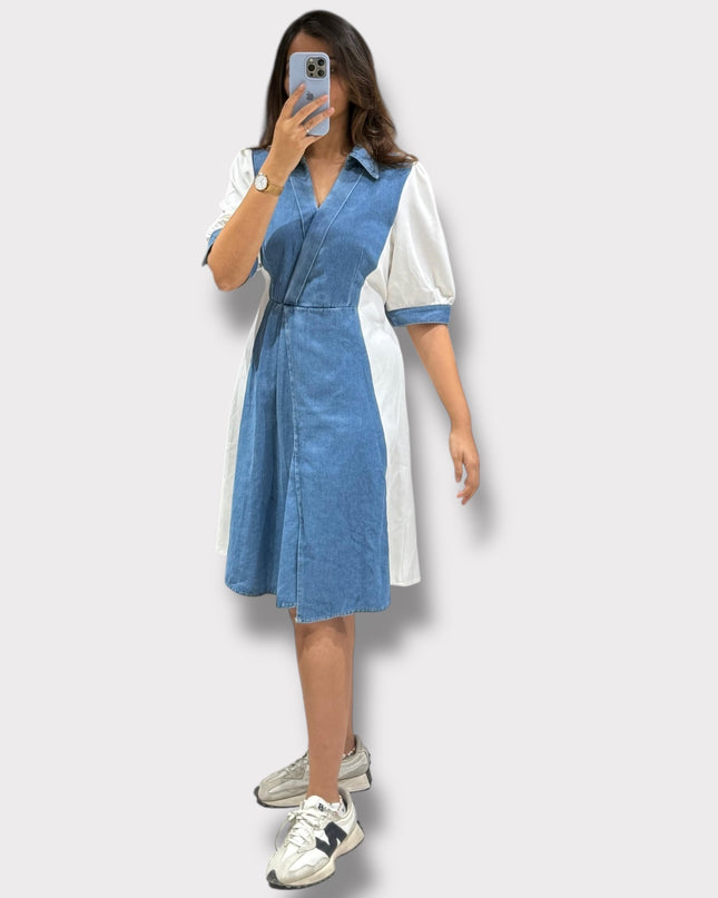 Contrast Panel Denim Dress