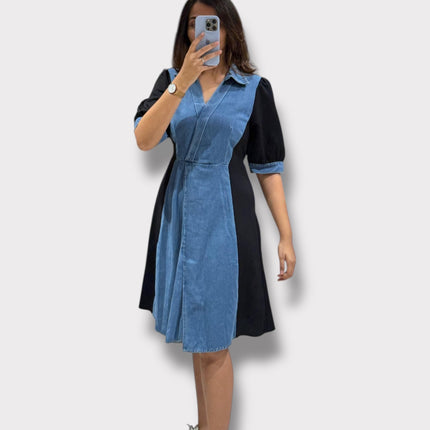 Contrast Panel Denim Dress