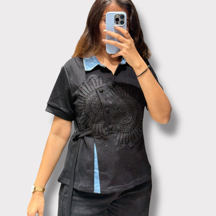 Lace Panel Denim Top