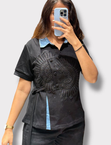 Lace Panel Denim Top
