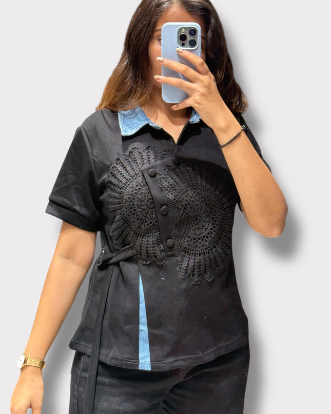 Lace Panel Denim Top