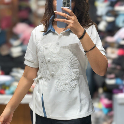 Lace Panel Denim Top