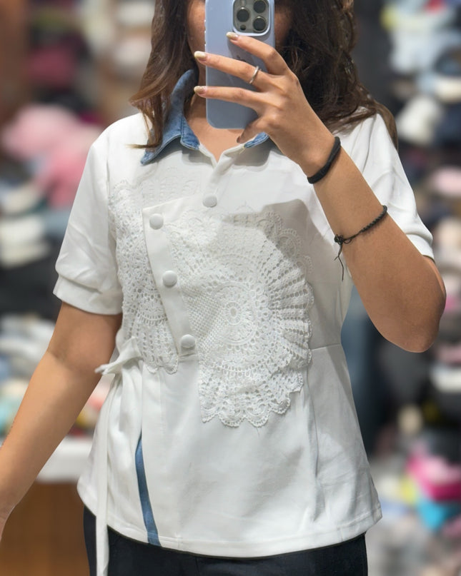 Lace Panel Denim Top