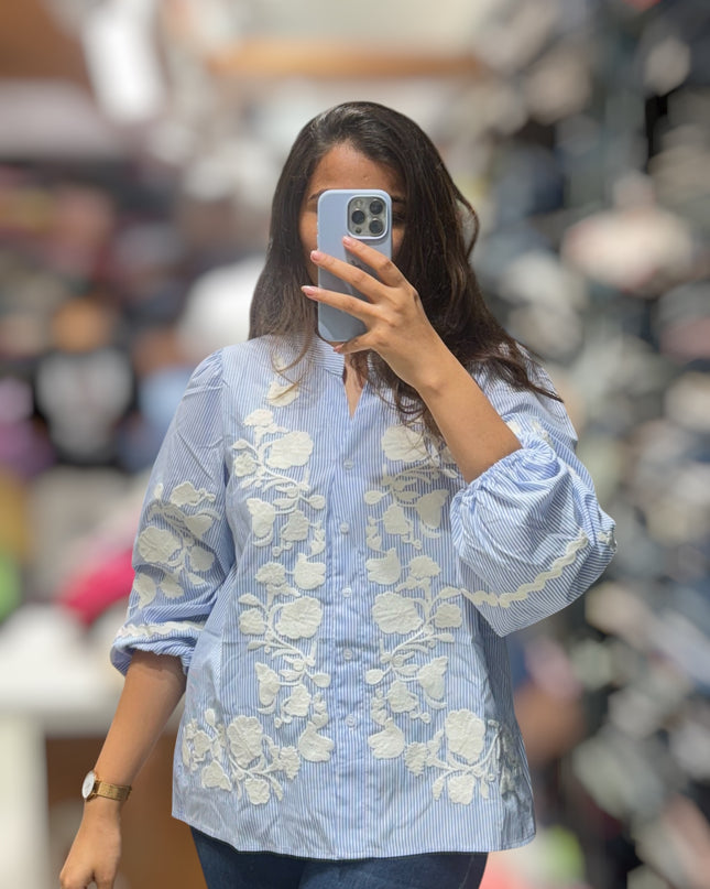 Cotton Stripe Embroidered Shirt