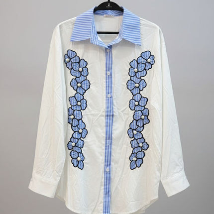 Button-Down Floral Shirt with Blue Striped Collar
