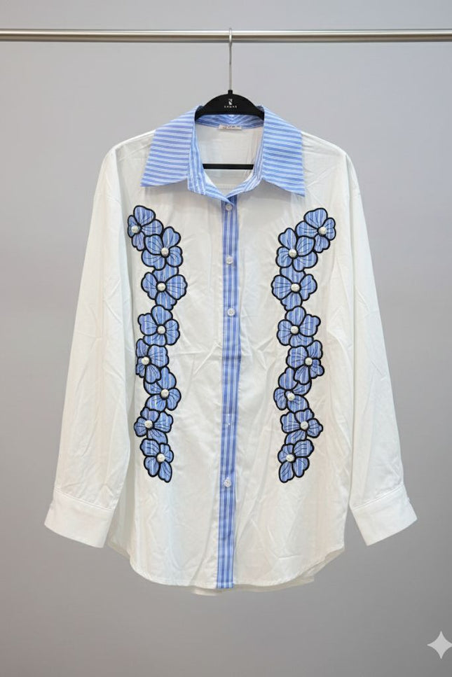 Button-Down Floral Shirt with Blue Striped Collar