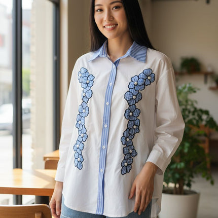 Button-Down Floral Shirt with Blue Striped Collar