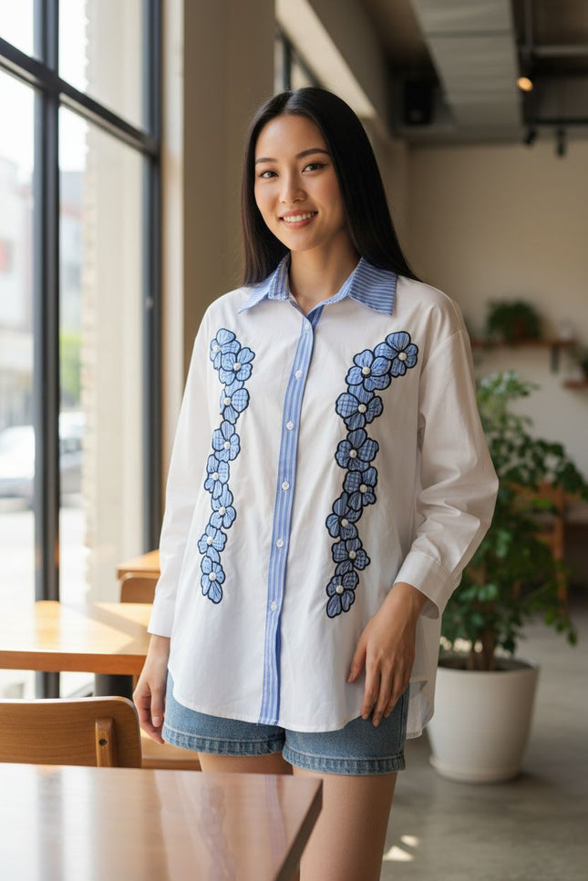 Button-Down Floral Shirt with Blue Striped Collar
