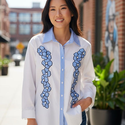 Button-Down Floral Shirt with Blue Striped Collar