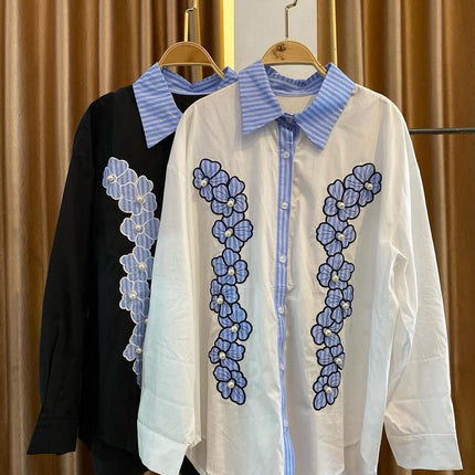 Button-Down Floral Shirt with Blue Striped Collar
