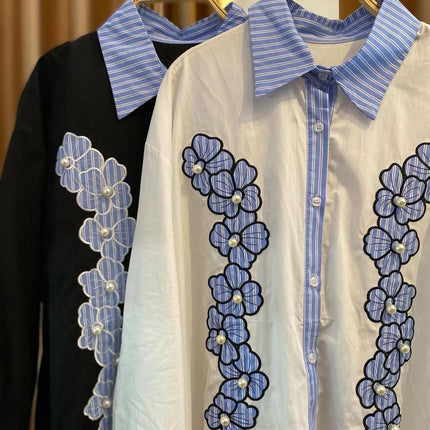 Button-Down Floral Shirt with Blue Striped Collar