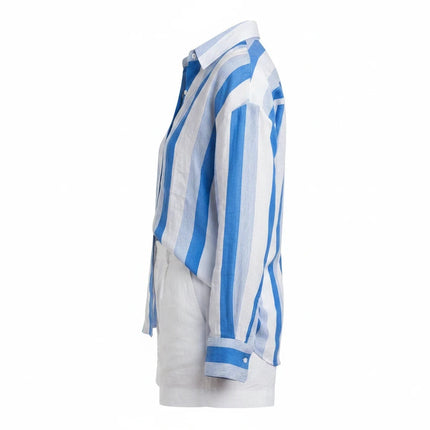 Sagar hill road relaxed cotton shirt with blue and white vertical stripes, button-down front, and classic collar.